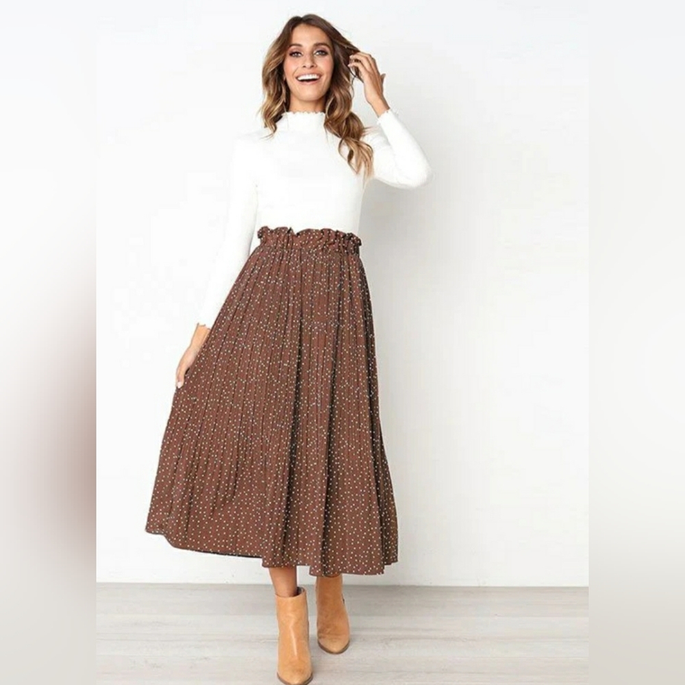 Brown Midi Skirt with Ruffled Waist